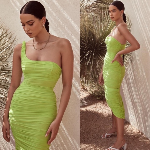 House Of CB 'Nia Acid like Green neon Ruched Midi Dress asymmetrical size L NWOT